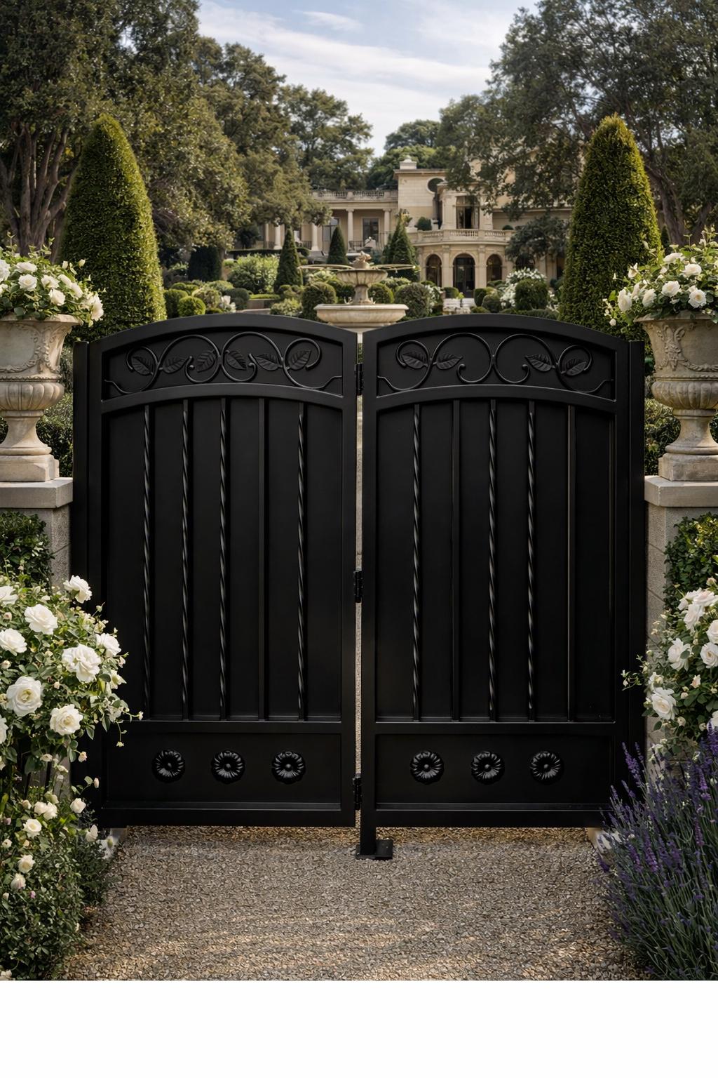 Valcera Estate Scroll Double Driveway Gate - Arched Steel Garden Entrance, Custom Powder Coat by the steel fabrication shop