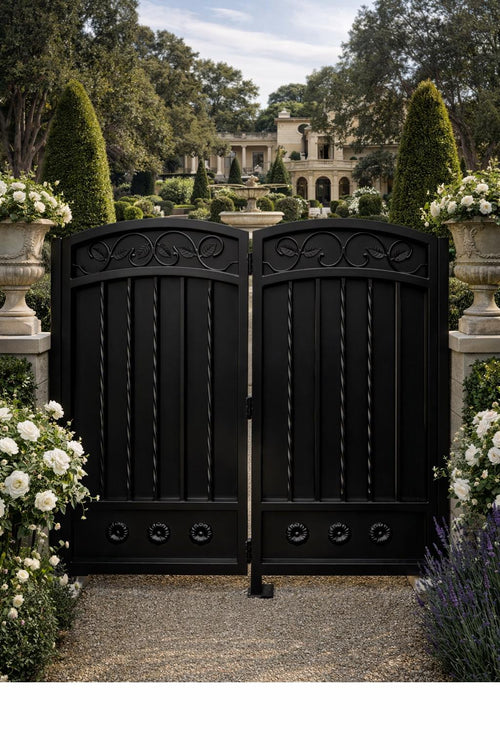 Valcera Estate Scroll Double Driveway Gate - Arched Steel Garden Entrance, Custom Powder Coat by the steel fabrication shop