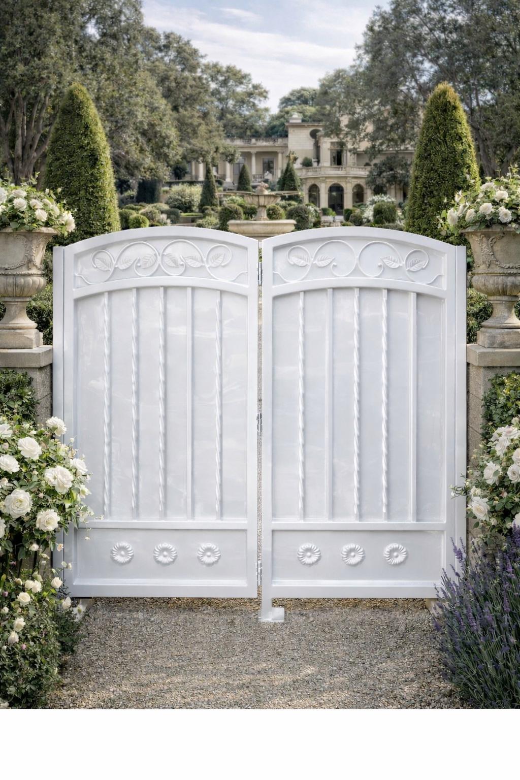 Valcera Estate Scroll Double Driveway Gate - Arched Steel Garden Entrance, Custom Powder Coat by the steel fabrication shop