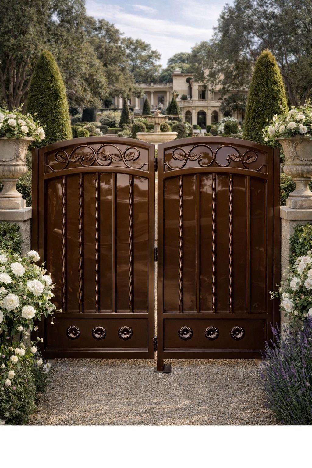 Valcera Estate Scroll Double Driveway Gate - Arched Steel Garden Entrance, Custom Powder Coat by the steel fabrication shop