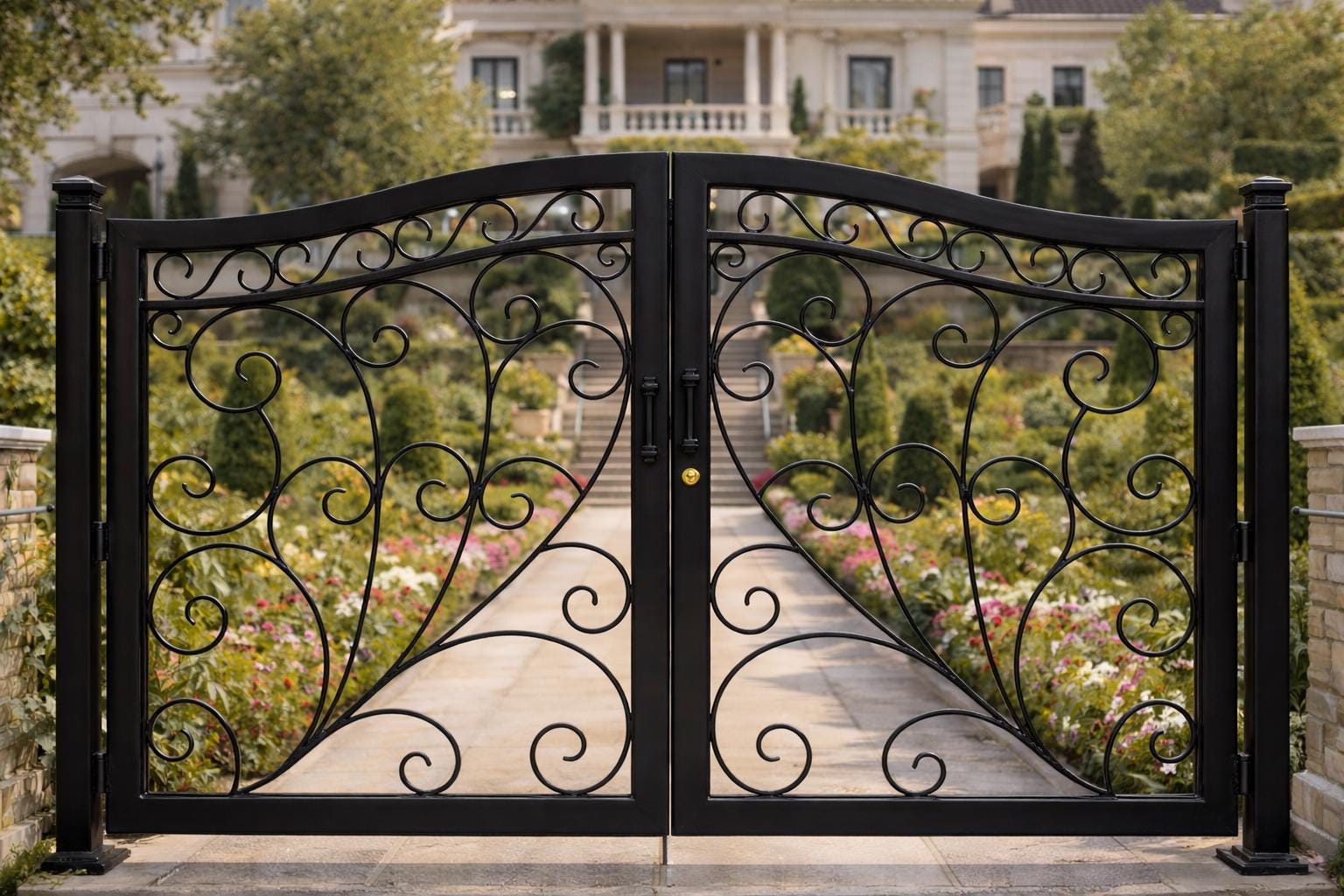 Monaco Vista Arched Double Wrought Iron Driveway Gate by the steel fabrication shop, product image 1