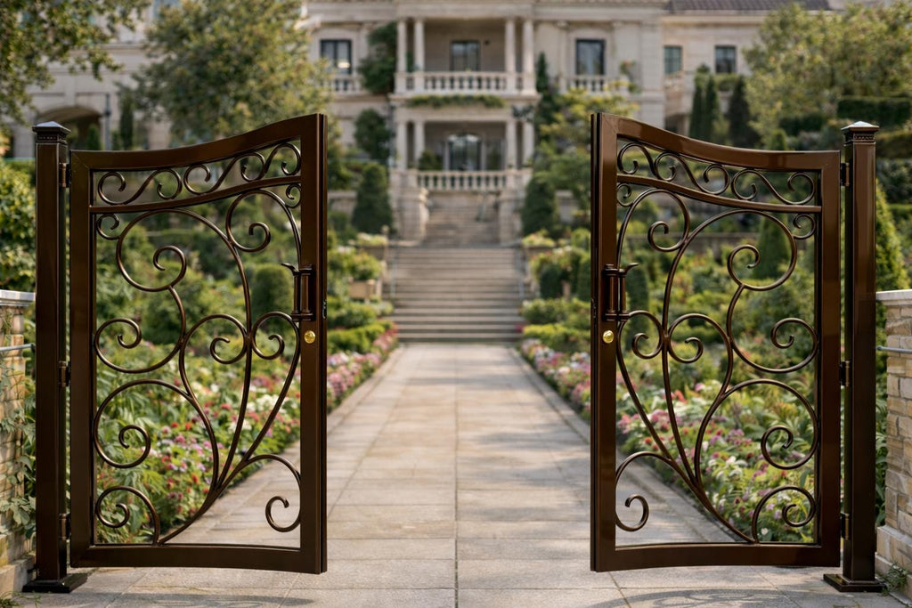 Monaco Vista Arched Double Wrought Iron Driveway Gate by the steel fabrication shop, product image 4