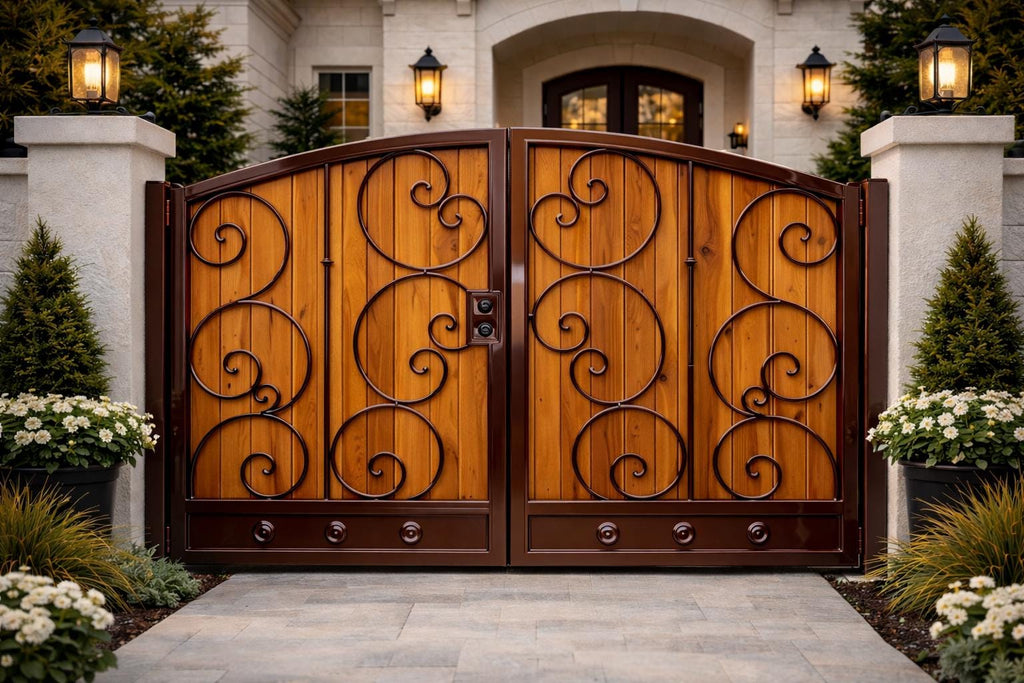 Raventa Wrought Iron and Wood Pedestrian Gate - Custom Steel Walkway Entry Door by the steel fabrication shop, product image