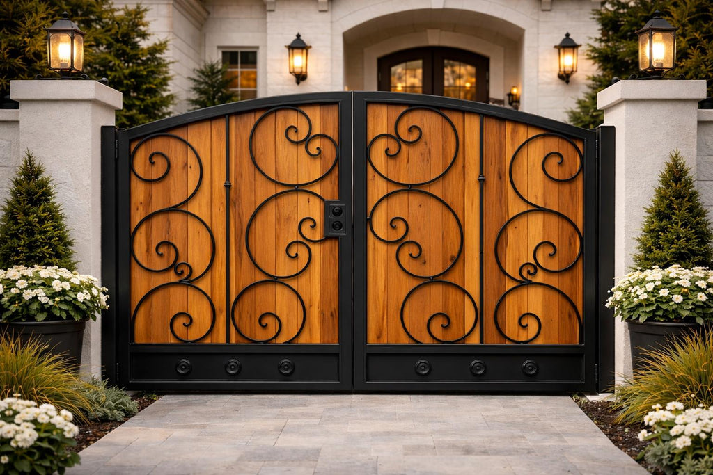 Raventa Wrought Iron and Wood Pedestrian Gate - Custom Steel Walkway Entry Door by the steel fabrication shop, product image