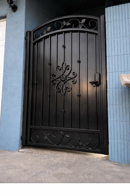 Norvanta Forge Arched Wrought Iron Entry Door - Decorative Scroll Security Gate, Matte Black by the steel fabrication shop