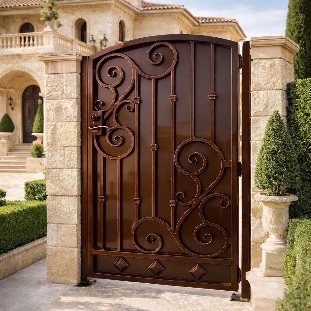 Verona Arched Scroll Wrought Iron Gate by the steel fabrication shop, product image 2