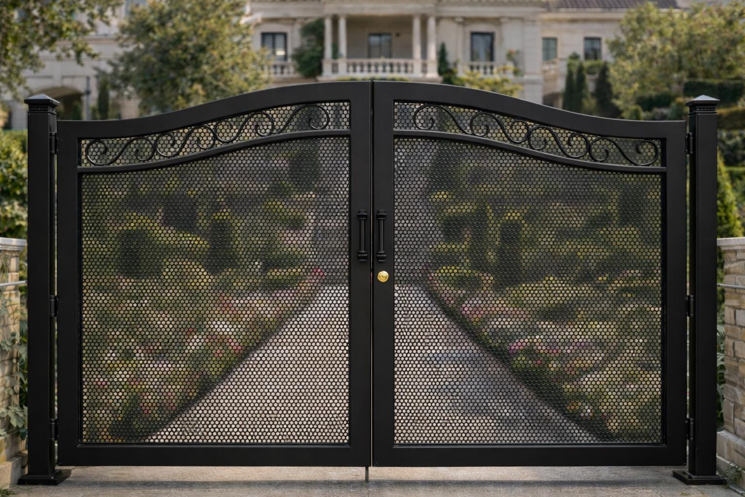 Siena Crest Arched Double Wrought Iron Driveway Gate by the steel fabrication shop, product image 4