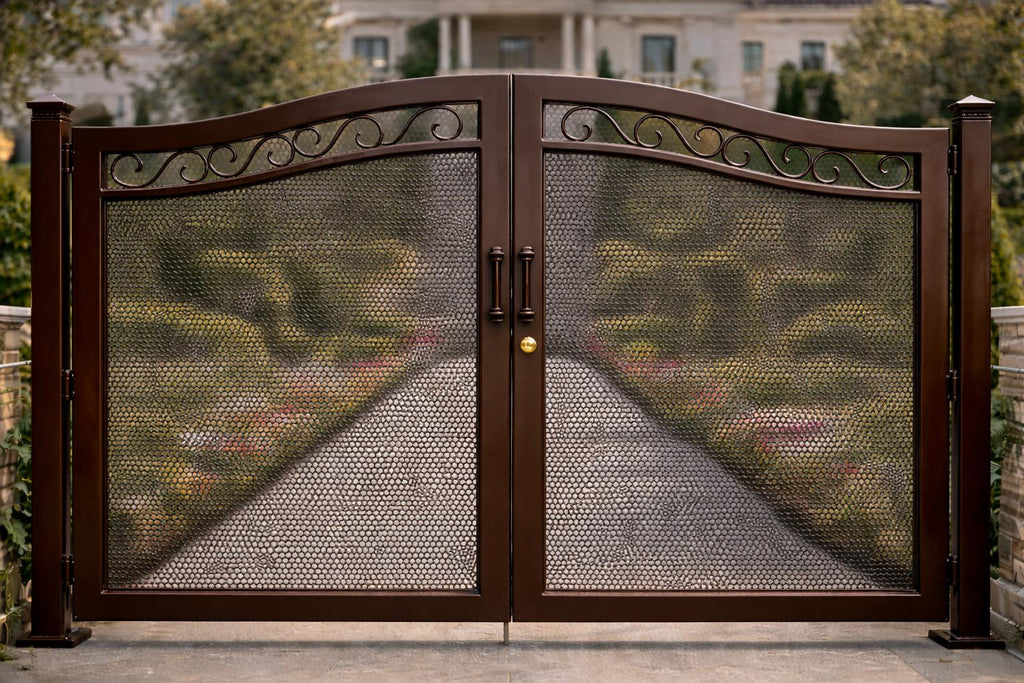 Siena Crest Arched Double Wrought Iron Driveway Gate by the steel fabrication shop, product image 1